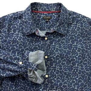 Talbots Womens Chambray Shirt Button Front Blue Animal Print Roll Sleeve Size 14